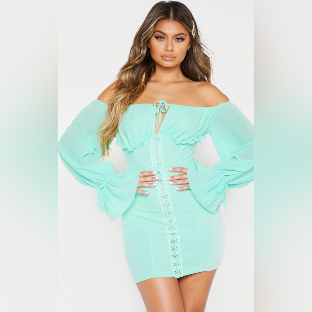 Pretty Little Thing Mint Chiffon Sleeve Hook & Eye Bodycon Dress